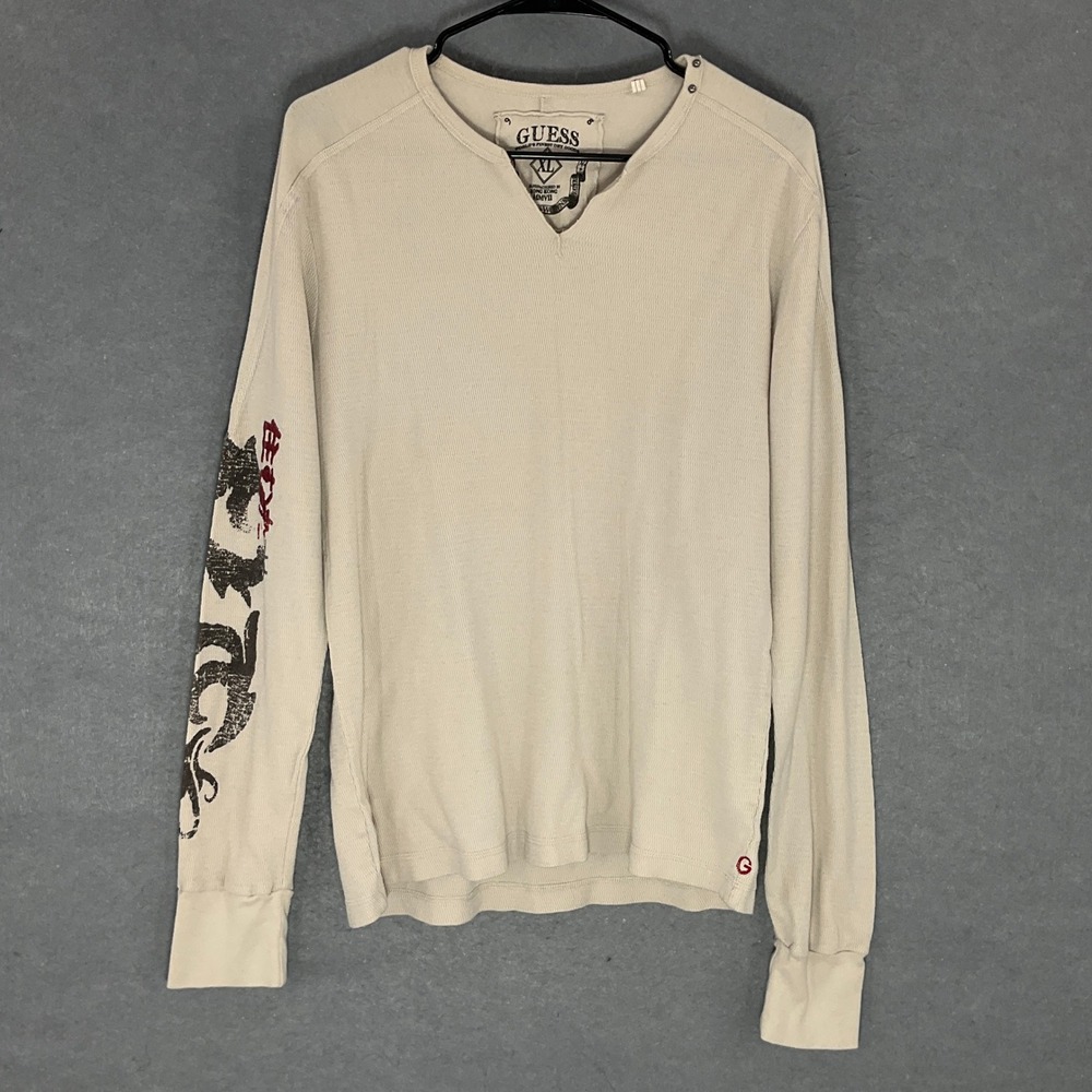 Guess Shirt‎ Mens XL Long Sleeve V-Neck Graphic T Shirt Thermo VTG
